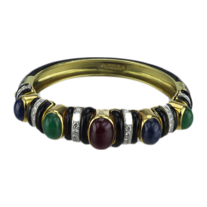 David Webb 18k Gold Diamond Ruby Sapphire and Emerald Bracelet Front