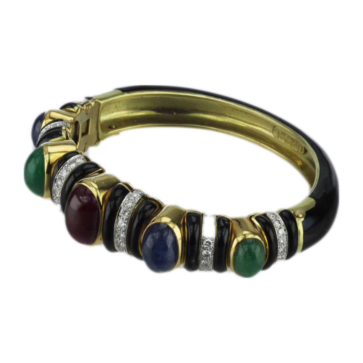 David Webb 18k Gold Diamond Ruby Sapphire and Emerald Bracelet One