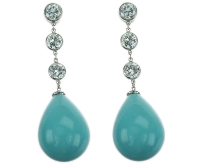 Turquoise Diamond and Platinum Drop Earrings
