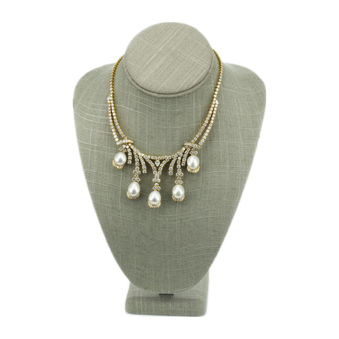 Fred Diamond and Pearl Platinum and 18k Gold Necklace Front