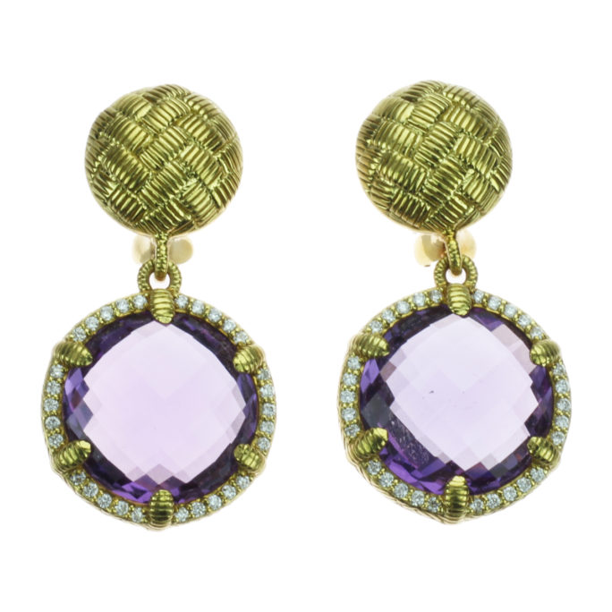 Judith Ripka 18k Gold Diamond and Amethyst Earrings Front