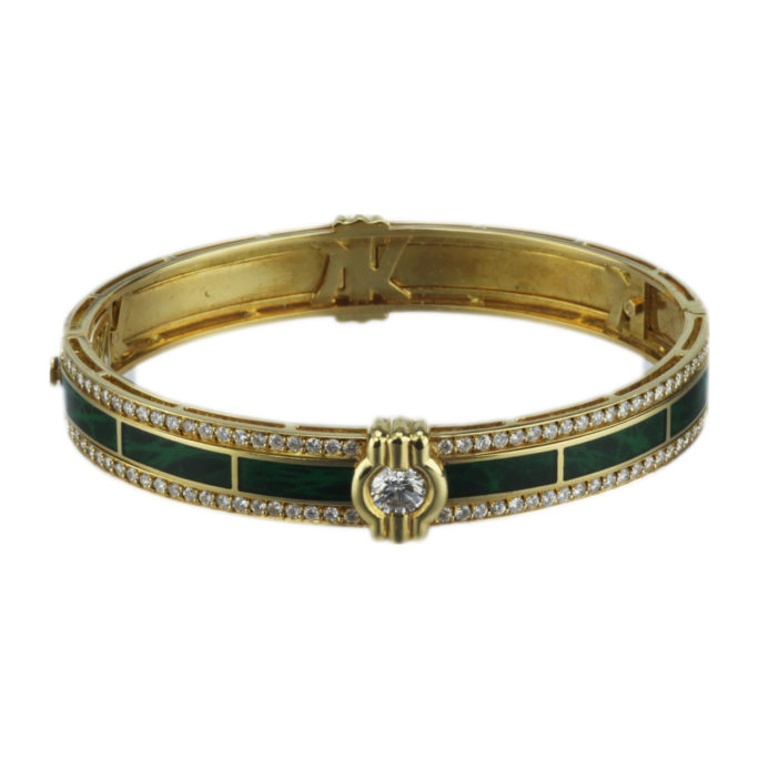 Korloff 18k Gold Diamond and Green Enamel Cuff Bracelet Front