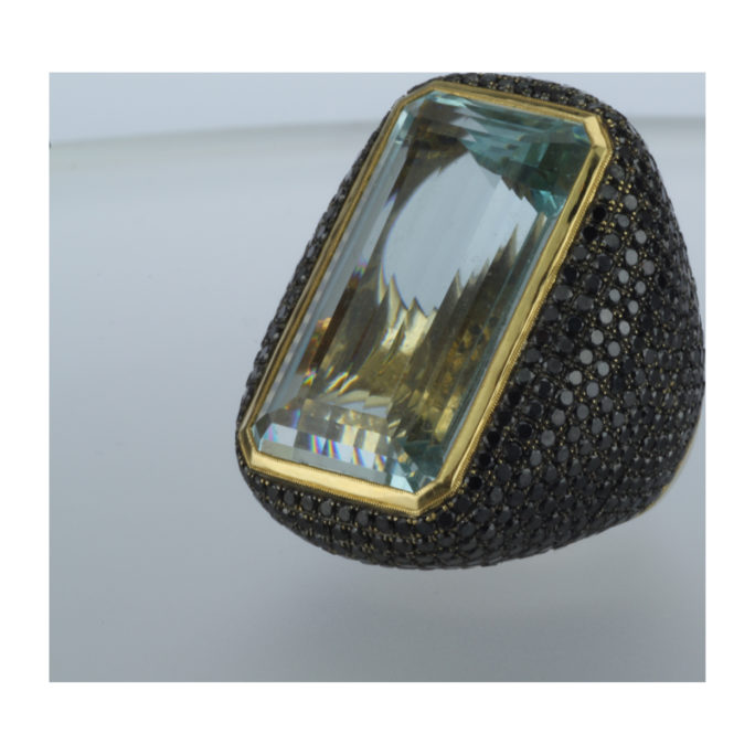 Sofia D 18k Gold Aquamarine and Black Diamond Ring Main