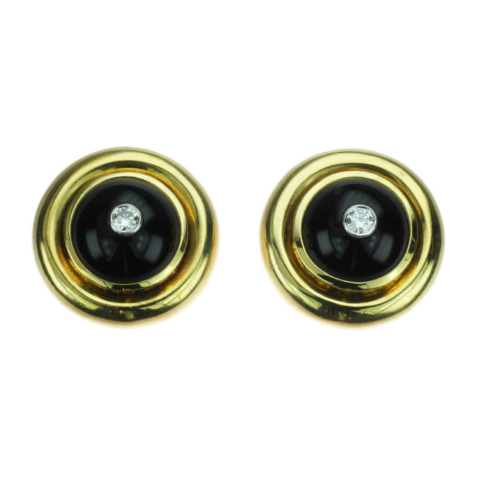 Tiffany And Co 18k Gold Diamond and Black Onyx Earrings Front