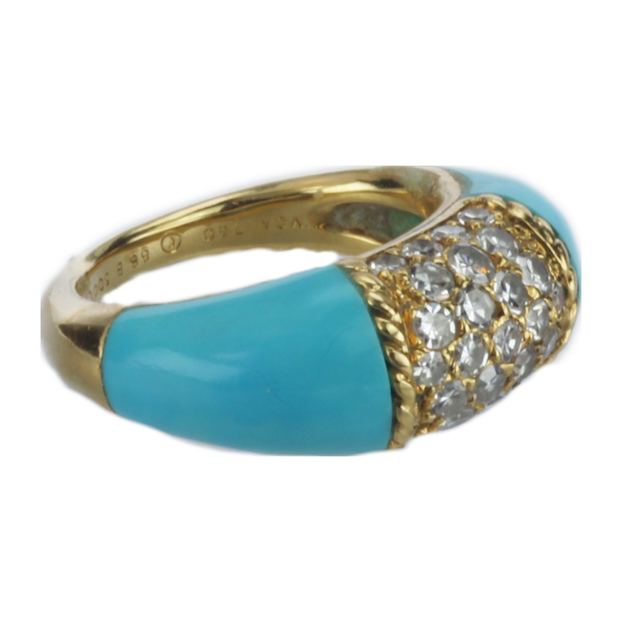 Van Cleef And Arpels 18k Gold Turquoise and Diamond Ring Six